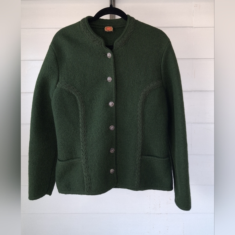 Vtg Austrian Boiled Wool Jacket Green Cottagecore Folk Trachten Blazer 46